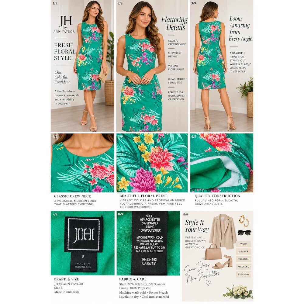 JH by Ann Taylor Dress Womens Size 8 Green Tropical Floral Sheath Knee